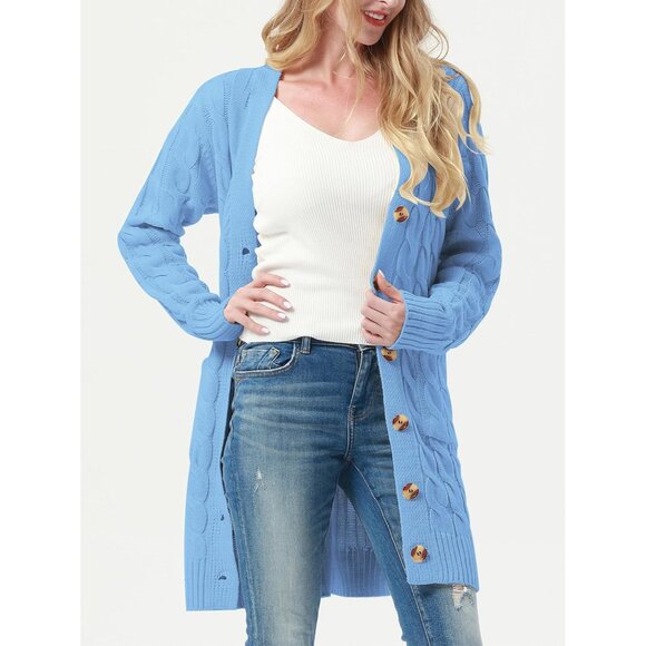 Disi Womens blue Cardigan Long Sleeves Cable Knit Open Front Loose Sweaters - Picture 3 of 5
